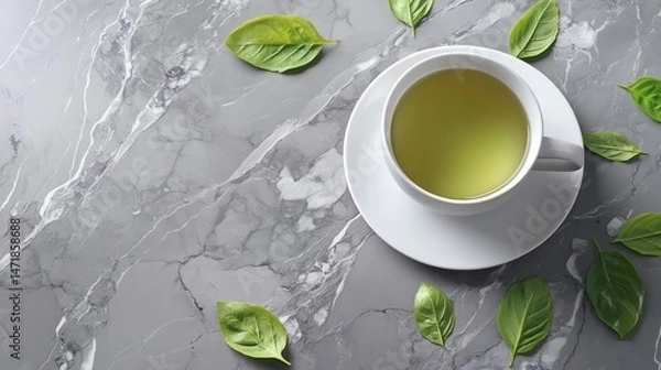 Obraz Freshly brewed tea with basil leaves on a gray surface.