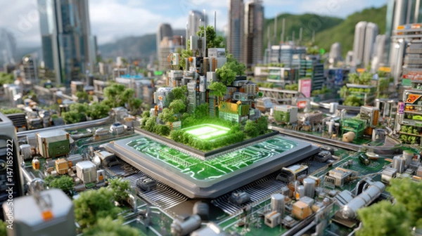 Fototapeta A futuristic eco-city with verdant vegetation and a glowing green energy source situated atop a giant computer chip in a detailed urban landscape vision.