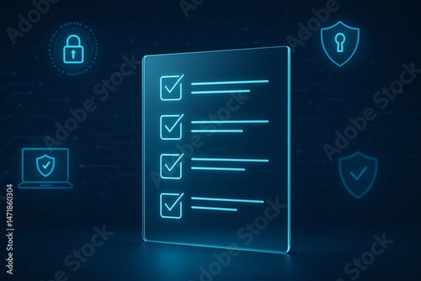 Fototapeta A digital checklist displayed on a glass-like panel, surrounded by security icons symbolizing data protection, privacy, and online safety