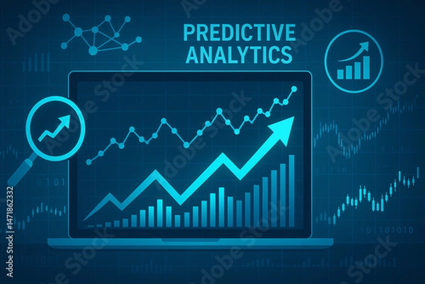 Fototapeta A modern laptop displaying predictive analytics on a vibrant blue background, featuring data graphs and charts representing growth and statistical analysis for business insights.