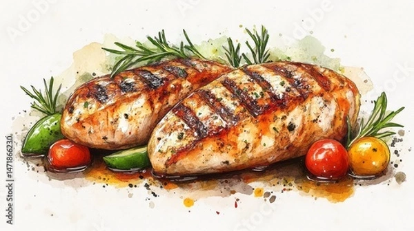 Obraz Grilled chicken breast illustration with herbs and vegetables.