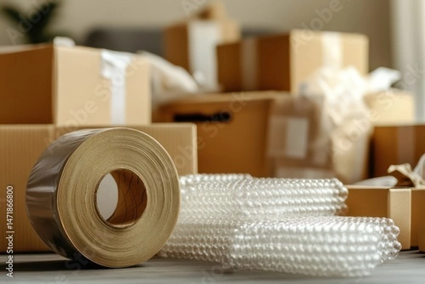 Obraz Packing Tape and Bubble Wrap Near Moving Boxes