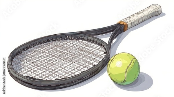 Fototapeta Cartoonish tennis racket and ball vector art, white background