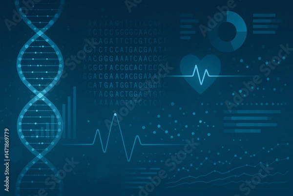 Fototapeta This image features a blue background with DNA strands, heartbeat graphs, and data visuals, symbolizing advancements in genetics, health technology, and scientific research.