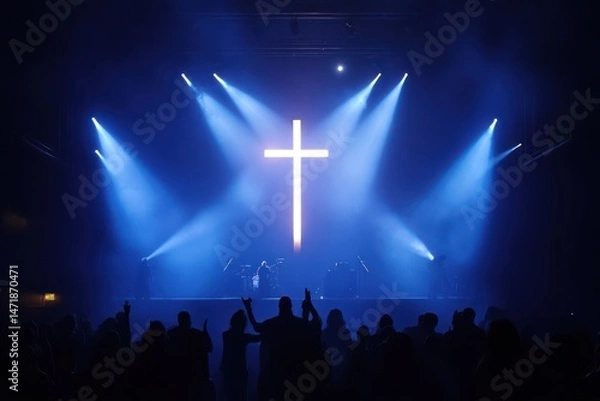 Obraz Christian rock concert with glowing cross on stage