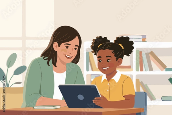 Fototapeta Learning together at home with tablet and smile