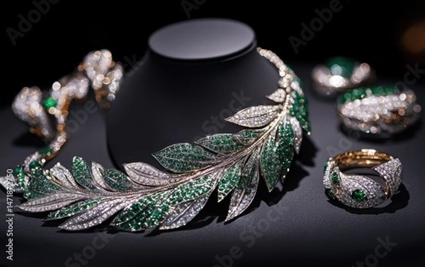 Obraz Elegant jewelry set with emerald and diamond leaves.  A statement necklace and matching earrings and rings showcase intricate leaf designs