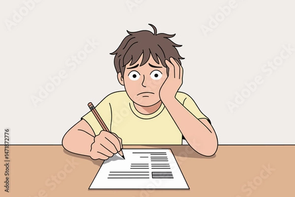 Fototapeta Young boy struggling with homework at table