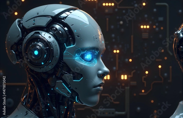 Fototapeta High - Tech Robot Head in Futuristic Setting