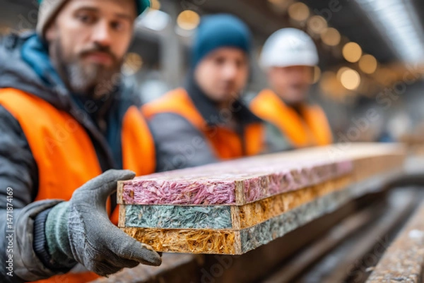 Fototapeta Three construction workers inspecting a multi-layered wooden beam for quality control
