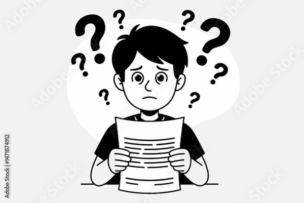 Fototapeta Confused boy reviewing paper with questions in mind