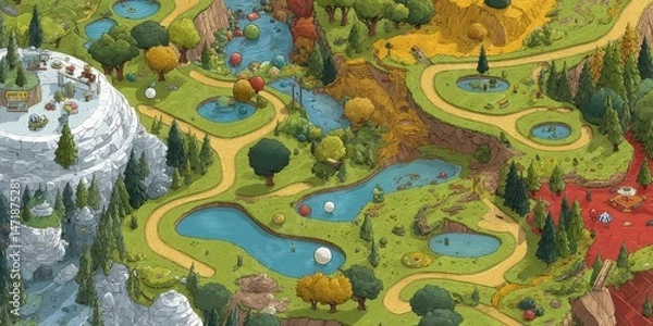 Fototapeta Colorful, stylized landscape design with winding paths.