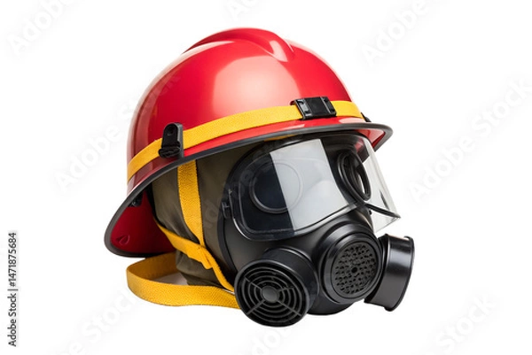 Fototapeta Firefighter helmet and gas mask close up on a black background, firefighter, fireman, helmet, gas mask, safety, protection, rescue, emergency, equipment, uniform, gear, red, yellow, black, isolated
