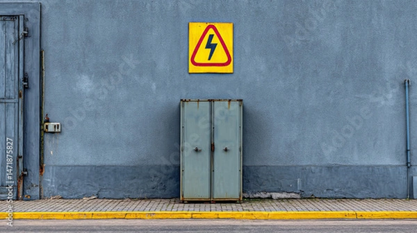 Fototapeta High voltage warning sign on gray metal door of electric substation at power plant, indicating industrial electricity hazard, transformer zone, safety alert and restricted access infrastructure area