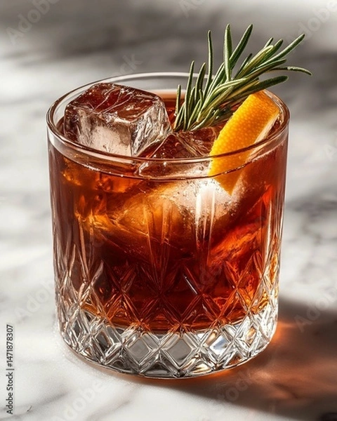 Fototapeta Faceted low glass with whiskey and ice on a light gray background with a place for text.