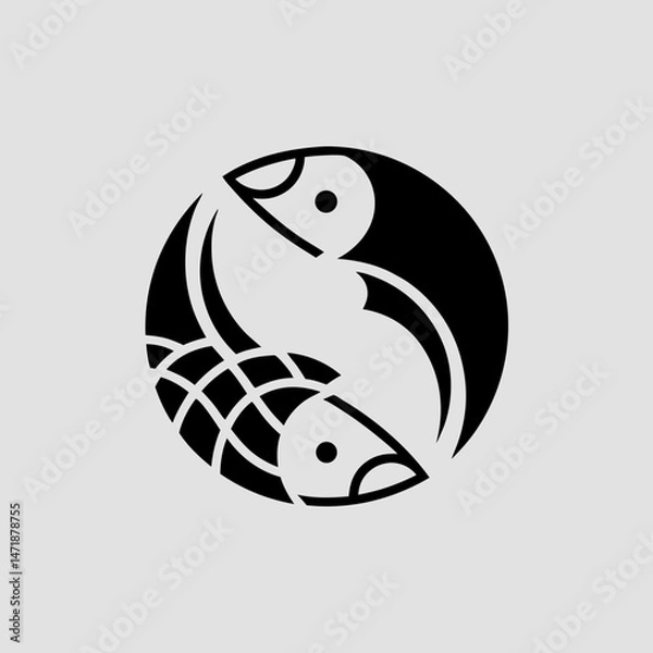 Fototapeta A black and white circular design featuring two stylized fish forming a balanced, swirling pattern. Could represent harmony, duality, or a logo.