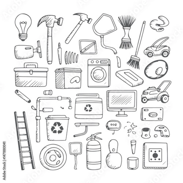 Obraz Set of home services doodle on white background. Hand drawn abstract doodle isolated on white background.