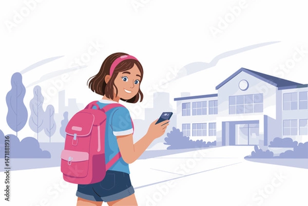 Fototapeta Young girl walking towards school while using smartphone