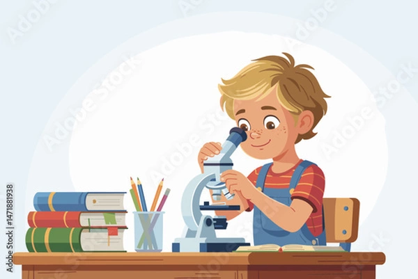 Fototapeta Young scientist discovering microscopys wonders in class