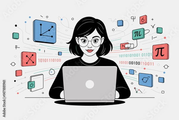 Fototapeta Young woman engaged in coding and data analysis at desk