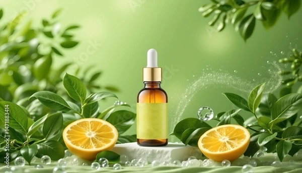 Obraz Essential Oil Bottle Mockup Fresh Green Leaves and Lemon Slices