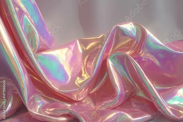 Fototapeta Abstract iridescent fabric background with wavy folds, catching the light in a rainbow of pastel colors, creating a modern and luxurious texture and surface.