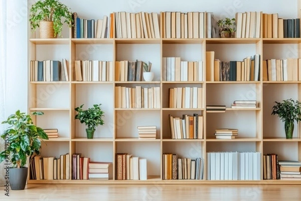 Obraz Organized bookshelves filled with various books and potted plants