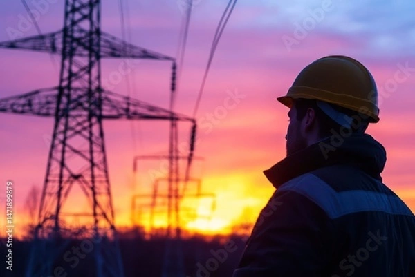 Obraz Engineer inspecting power tower during sunset hours