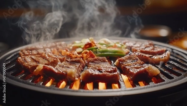 Obraz Sizzling marinated beef slices and vegetables grilling on a hot circular grill, emitting steam