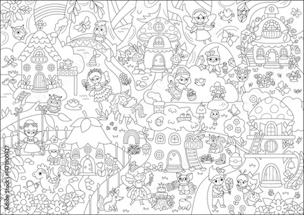 Fototapeta Vector black and white fairyland background. Cute fairy land landscape. Woodland line scenery with trees, treehouse, animals. Fantasy forest scene illustration, coloring page. Fairytale picture