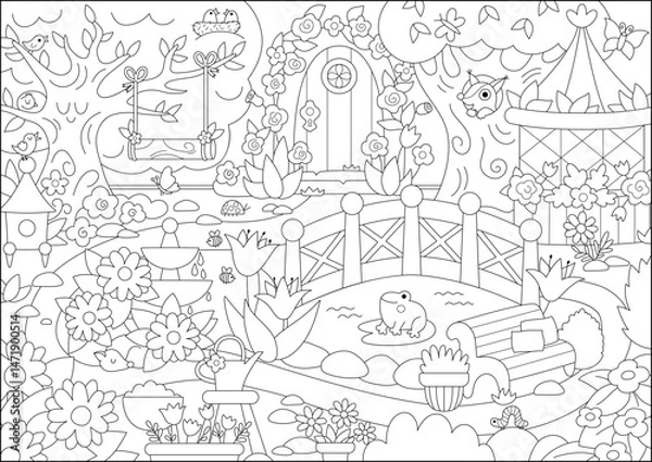 Fototapeta Vector empty black and white fairy garden background. Fairytale little princess back yard landscape. Magic orchard line scenery with fountain, pond, bench. Fantasy scene illustration, coloring page