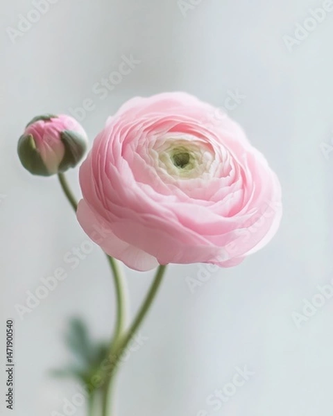 Obraz Close-up photo of a single pastel pink ranunculus flower. In the blurry background