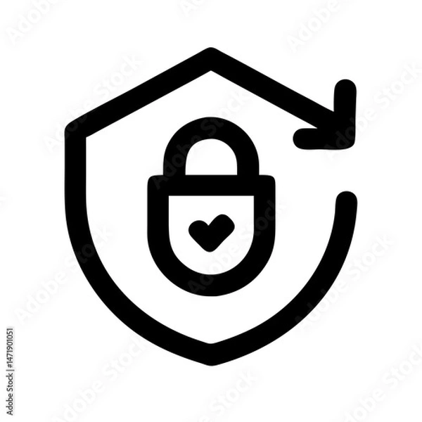Obraz Black outline icon of a padlock with a checkmark inside a shield with a looping arrow, representing enhanced security. Suitable for cybersecurity and data protection blogs.