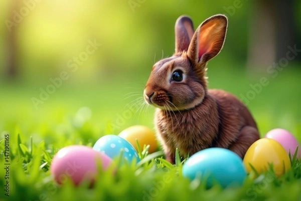 Fototapeta Adorable chocolate rabbit nestled in Easter grass, surrounded by colorful eggs , cheerful, dessert