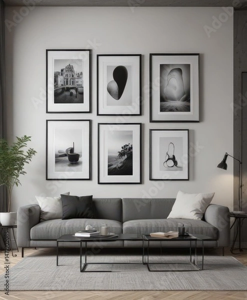 Obraz Modern living room mockup; empty black frames create a minimalist gallery wall ,  apartment,  wall art,  home decor