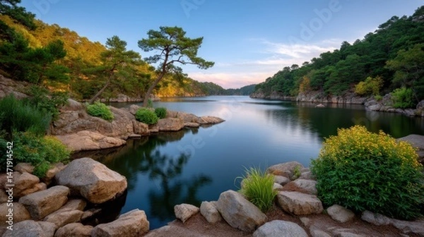 Fototapeta Serene Sunset at a Tranquil Lake Surrounded by Lush Pine Forest Reflections and Nature