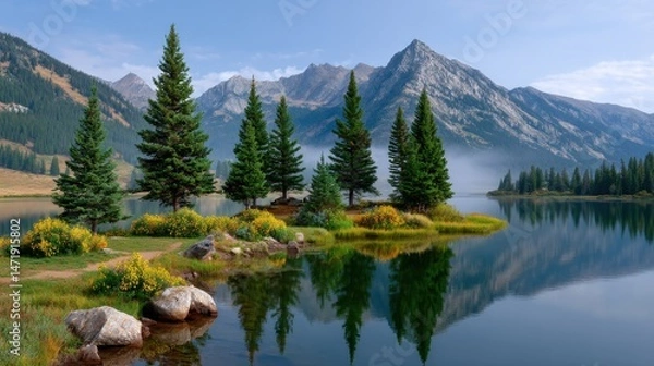 Fototapeta Serene Lake Surrounded by Pine Trees Reflecting Mountains and Clear Skies in Tranquil Setting