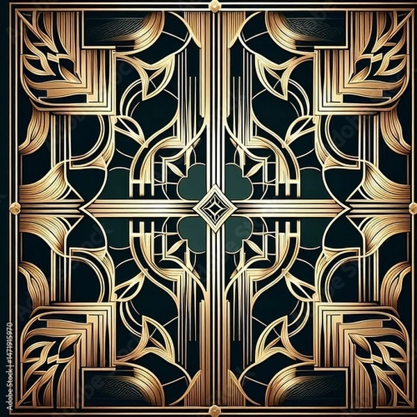 Obraz Art Deco Geometric Pattern - Gold Lines on Dark Background Luxury Design

