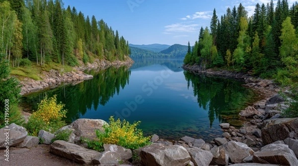 Fototapeta Serene View of a Tranquil Lake Surrounded by Lush Pine Forest in Bright Daylight