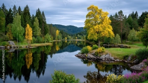 Fototapeta Majestic Autumn Reflections of Pine Forest and Still Lake Surrounded by Colorful Foliage