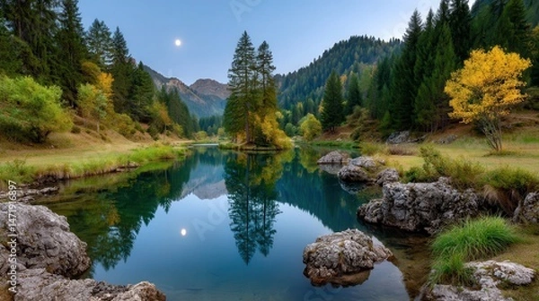 Fototapeta Serene Still Lake Reflecting Evergreen Trees Under a Clear Moonlit Sky