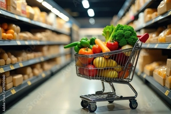 Fototapeta A full shopping cart overflowing with fresh produce, dairy, and pantry staples , natural, food, cart full