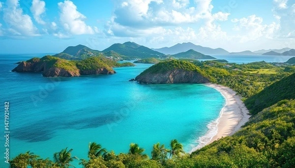 Fototapeta Turquoise Waters Surrounding Tropical Islands With Sandy Beaches Under Bright Sky Blue Caribbean Aerial View of Lush Greenery With Tropical Beach Destination