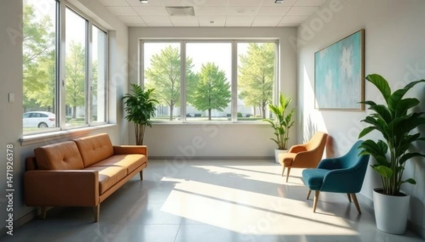 Fototapeta Calm, modern doctor's office waiting area with comfortable seating and natural light , physician's office, seating, desk