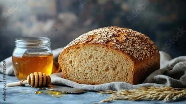Fototapeta Fresh homemade bread loaf with a golden crust and soft interior displayed next to honey jar and wooden honey dipper on rustic cloth background