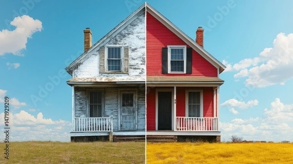 Fototapeta Split Image of a Classic Two-Story House Showing Before and After Exterior Renovation with Side-by-Side View in Bright Daylight