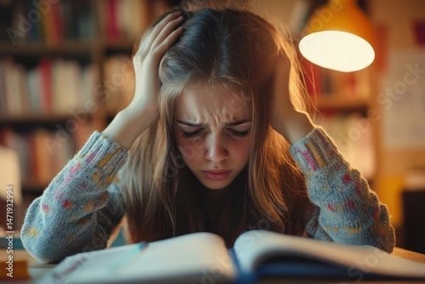 Fototapeta Overwhelmed young girl struggling with homework