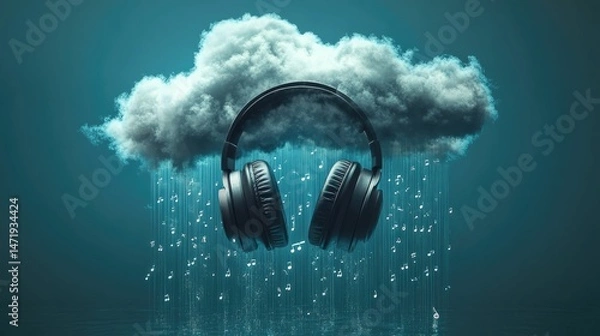 Obraz Headphones in cloud; musical notes rain down.