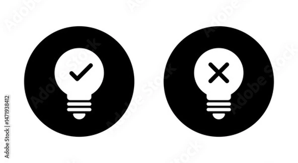 Fototapeta Light bulb check and cross mark icon on black circle. Creativity and stagnation sign symbol