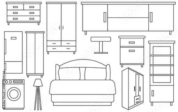 Fototapeta Minimalist Line art  Furniture Layouts Icons Set: Modern Furniture and Home Interior Elements for Design Projects